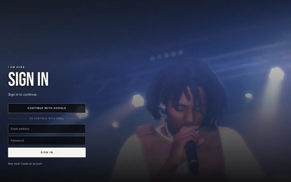 Homepage of the I AM AURA artist site