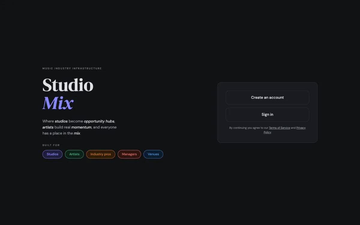 Homepage of the StudioMix app